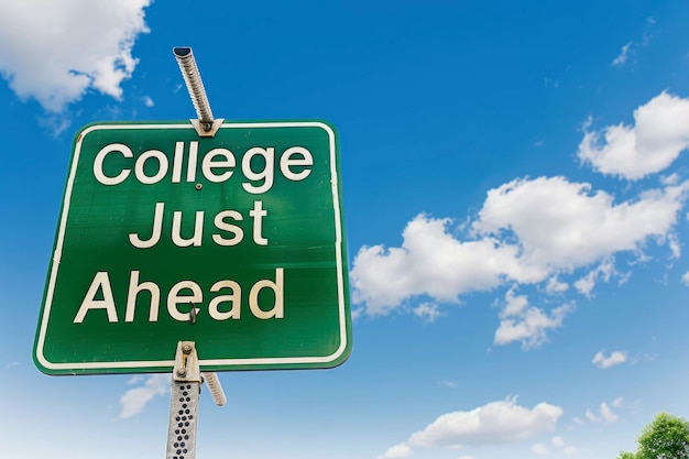 Photo green road with the words college just ahead against blue sky and clouds background