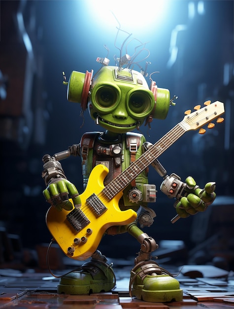 A green robot playing a guitar on a dark background