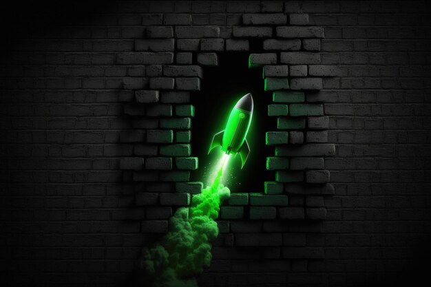 A green rocket is breaking through a brick wall with smoke coming out of it.