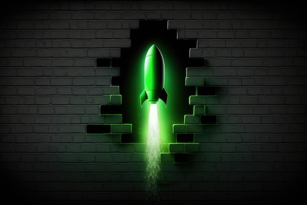 Зеленая ракета пробивает кирпичную стену со словами «ракета» в отверстии.