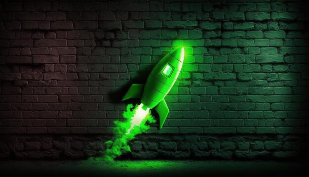 A green rocket with a green glow coming out of it.