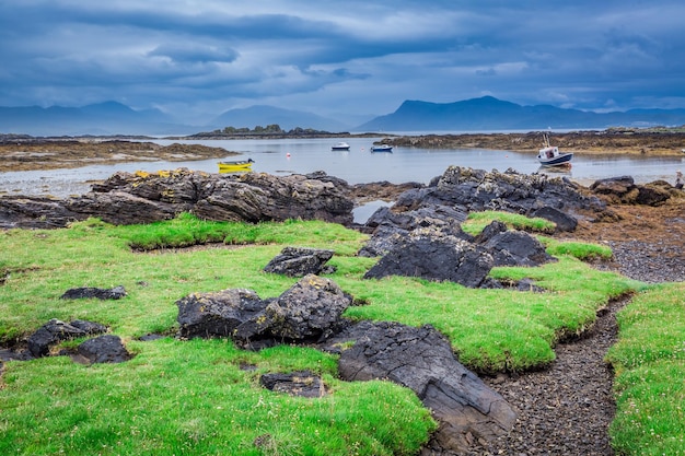 썰물 때 스코틀랜드의 녹색과 바위 해안