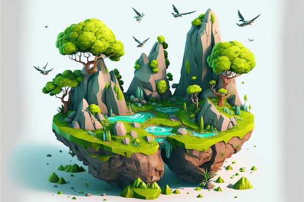 Green rocky flying island Colorful cartoon modern illustration good for your design AI