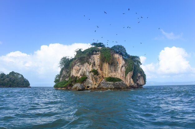 Green rocky island surrounded by sea.