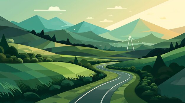 Green Rolling Hills in the Background Paved Road in the Foreground AI Generative