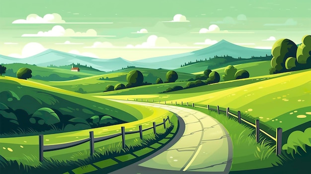 Green Rolling Hills in the Background Paved Road in the Foreground AI Generative