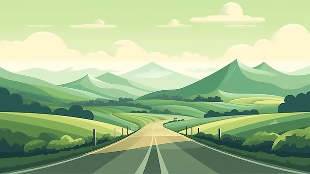 Green Rolling Hills in the Background Paved Road in the Foreground AI Generative