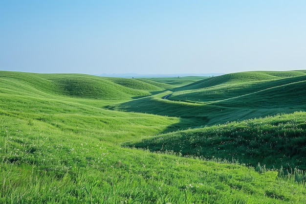 Green rolling hills under blue sky