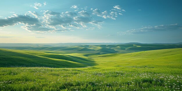 写真 白い雲の青い空の下の緑の丘
