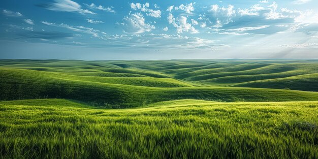 Photo green rolling hills of wheat field under blue sky with clouds