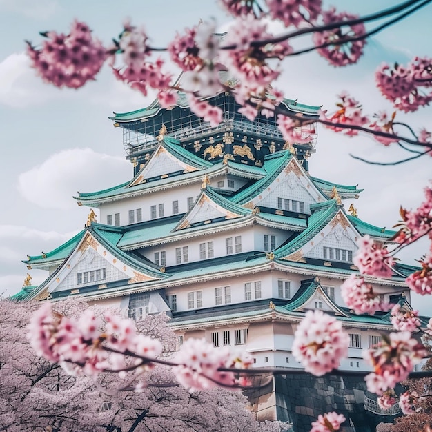 日本 の 桜 の 花 に 囲まれ た 緑 の 屋根 の 建物