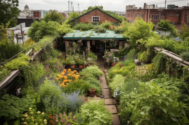 写真 生成 ai で作成された、緑豊かな植物と花で満たされた緑豊かな屋上庭園