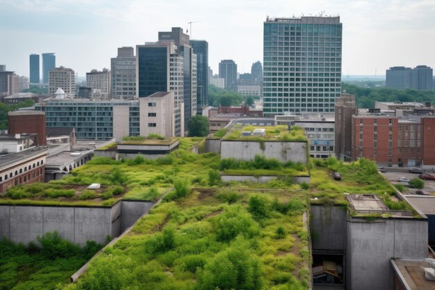 Green rooftops on a mix of low and highrise buildings created with generative ai