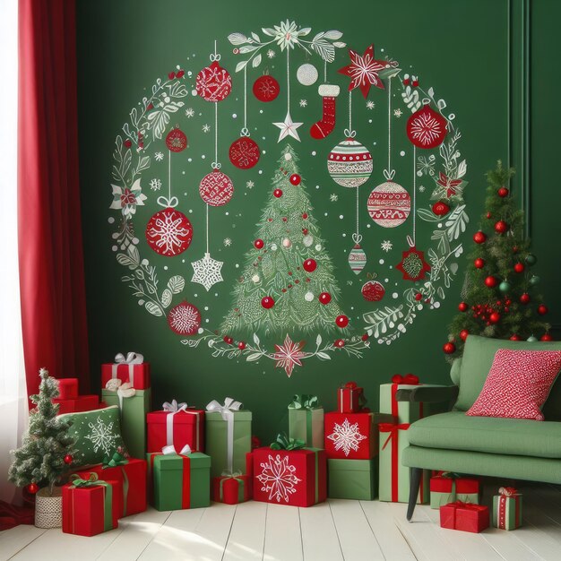 Foto parete della stanza verde decorata in stile capodanno o natale in colori rossi e verdi con cristmas