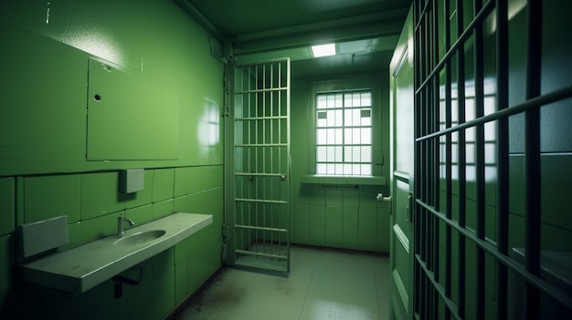 A green room with a cell and a sink and a window