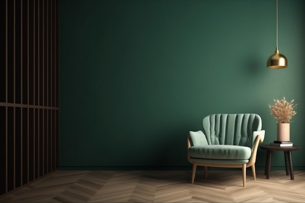 A green room with a chair and a lamp on the wall.