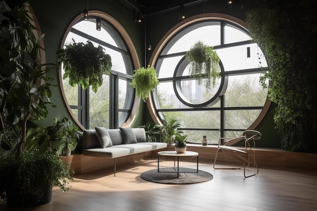 A green room with a couch and a coffee table with a large window that says'green '