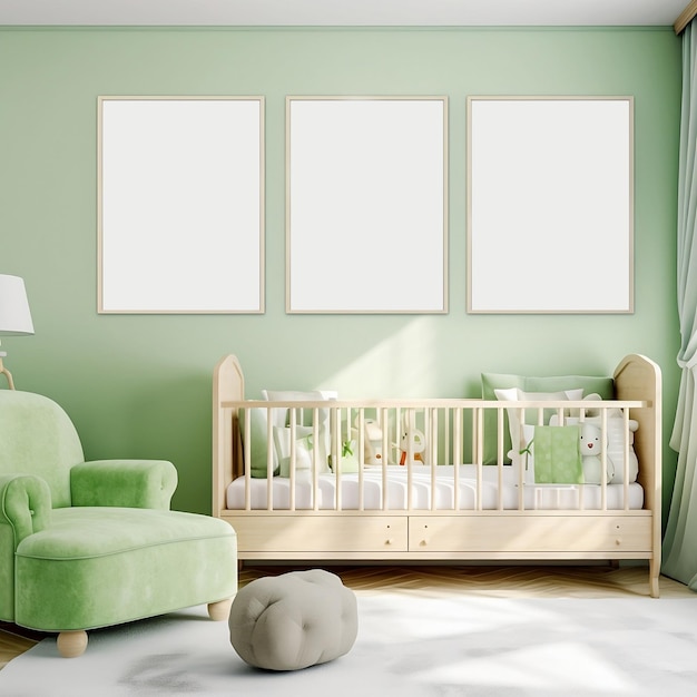 A green room with a crib, a chair, a lamp, and three frames on the wall.