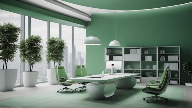 a green room with a green wall and a desk with a plant in it