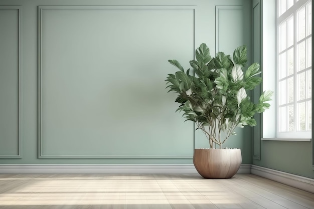 식물과 흰 벽이 있는 녹색 방