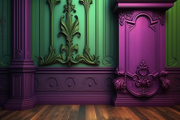 A green room with purple and green walls and a wooden floor.