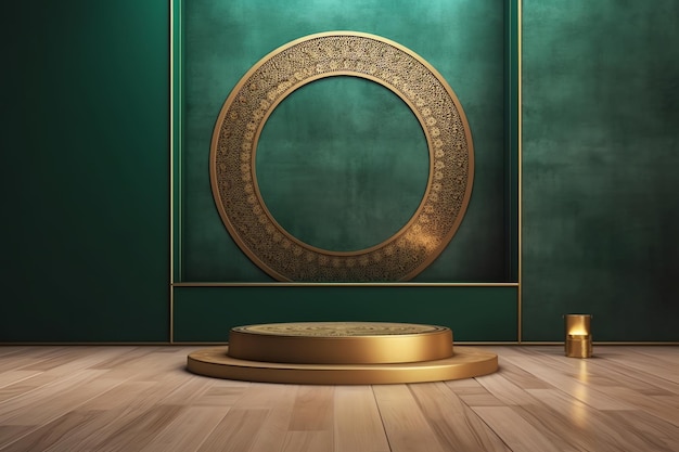 A green room with a round gold frame and a round table.