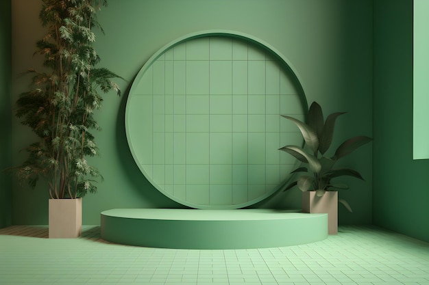 Зеленая комната с круглым подиумом и растениями на полу