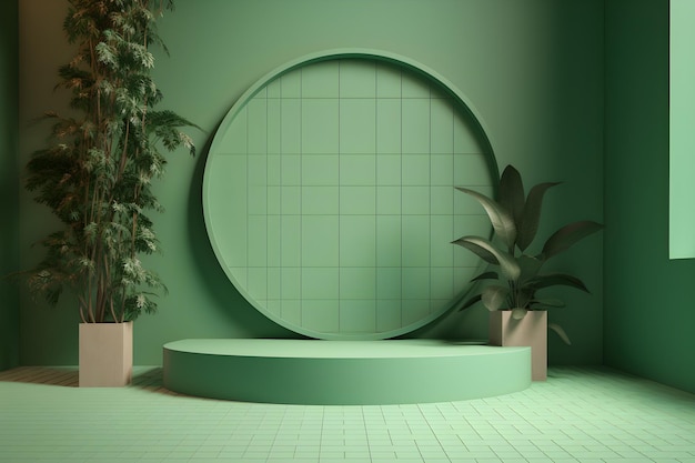 A green room with a round podium and plants on the floor