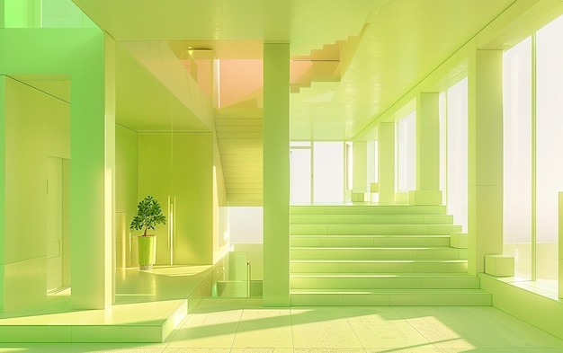 그 안에 식물이 있는 계단이 있는 초록색 방
