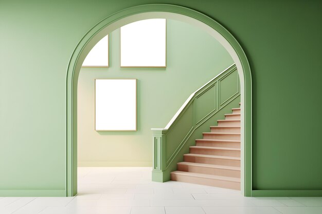 A green room with staircase and white frames on the wall