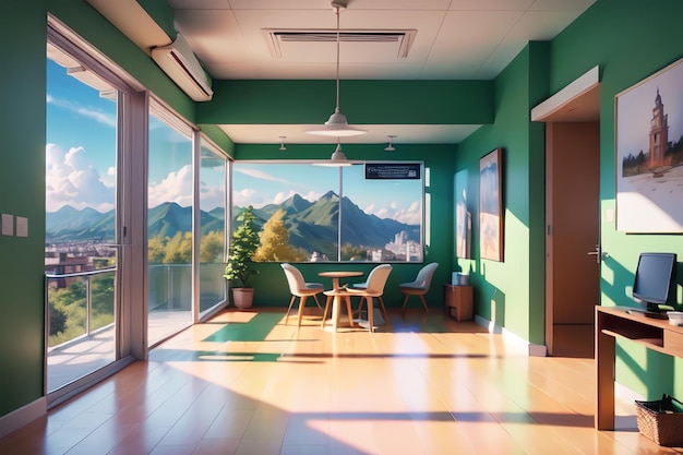 A green room with a table and chairs and a mountain view.