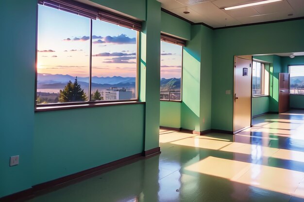 A green room with a view of the mountains in the distance