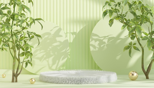 Foto una stanza verde con un cuscino bianco e uno sfondo di esposizione di prodotti vegetali