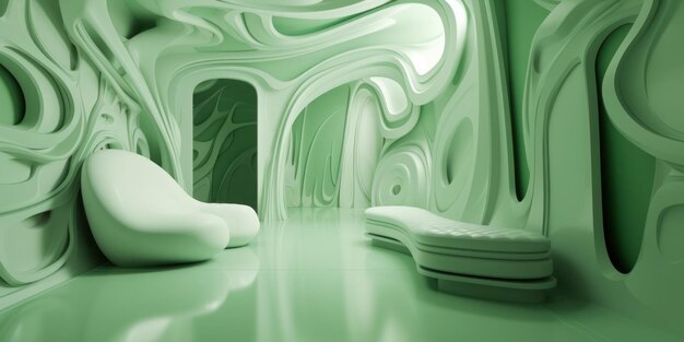 A green room with a white room and a green floor and white furniture.