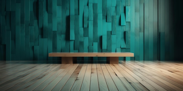 A green room with a wooden bench and a blue wall with a cut out pattern.