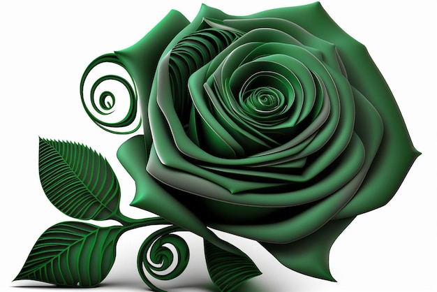 A green rose with leaves and a white background.