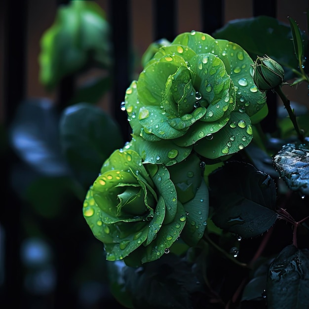 Зеленая роза с каплями воды на лепестках и листьях