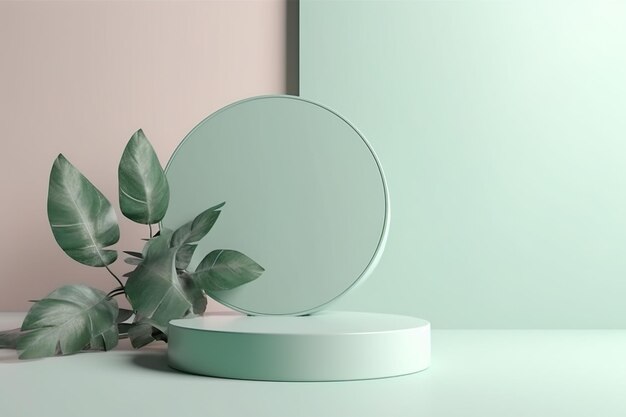 A green round mirror sits on a white table next to a plant.