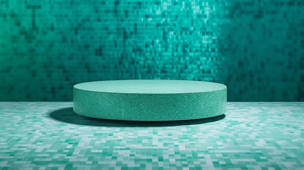 青いタイルの床の背景にある緑の丸いポディウム