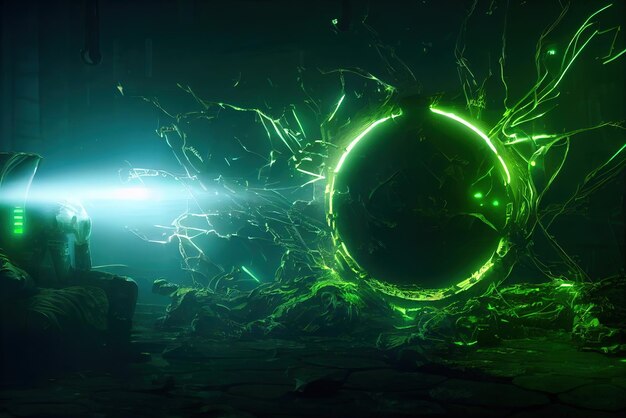 Green round portal circle ormented by green glowing souls Digital art style fantasy illustration painting Cyberpunk metaverse illustration