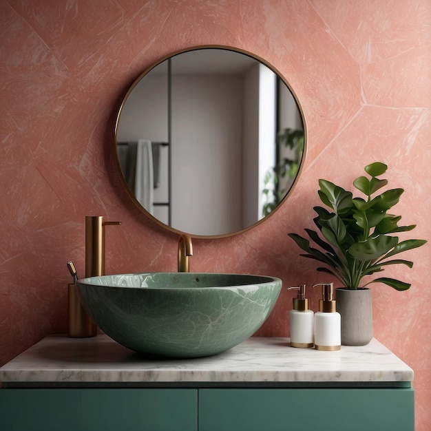 Green round vessel sink on wall mounted stone countertop near pink coral wall