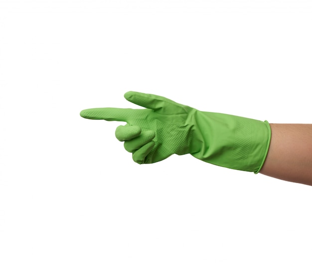 Green rubber glove for cleaning is dressed on the hand, protection of the hands from chemicals