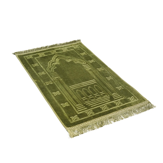 A green rug with a white background and a white border