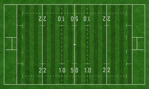 Green Rugby Union Football Rugger Field Top View with Realistic Grass Texture and Mowing Pattern