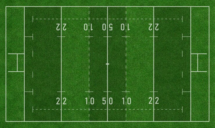 Photo green rugby union football rugger field top view with realistic grass texture and mowing pattern