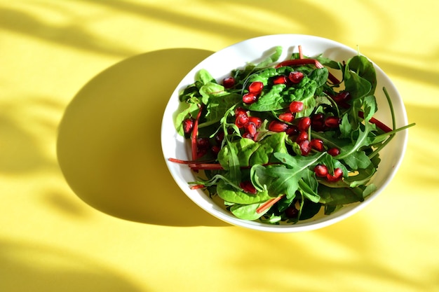 green salad leaves with pomegranate seeds in white bowl with sunshine, close-up