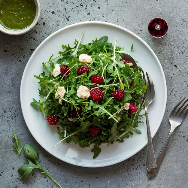 Photo green salad with arugula and lingonberries on a white plate