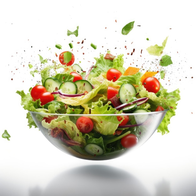 Green salad with tomato and fresh vegetables in bowl background fresh ingredients falling into bowl