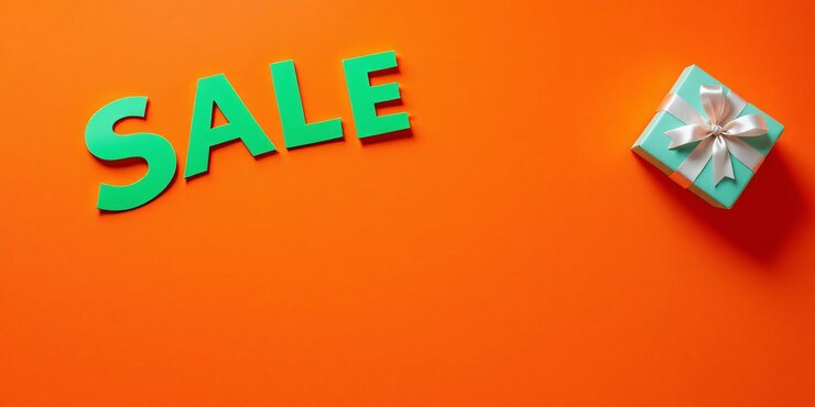 Фотография зеленые письма sale и небольшая подарочная коробка на оранжевом фоне