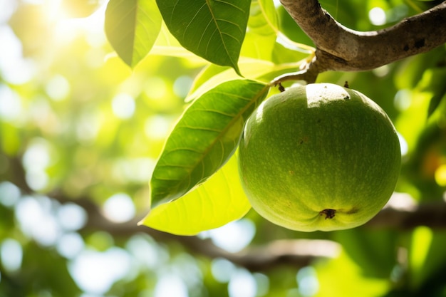 green sapote hanging on a tree in the sun